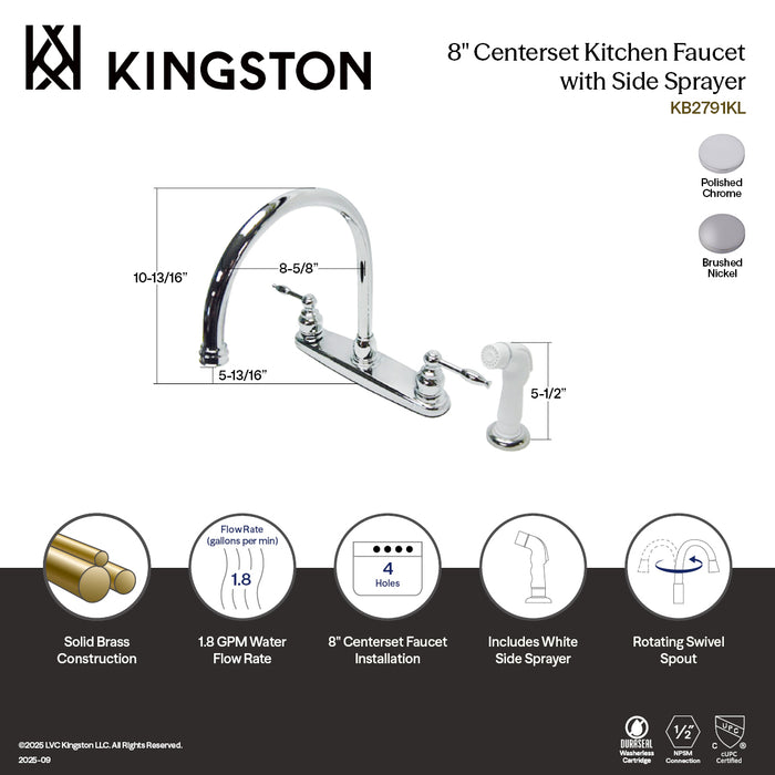Kingston Tulare KB2798KL - Knight Two-Handle 4-Hole 8" Centerset Kitchen Faucet with Side Sprayer, Brushed Nickel