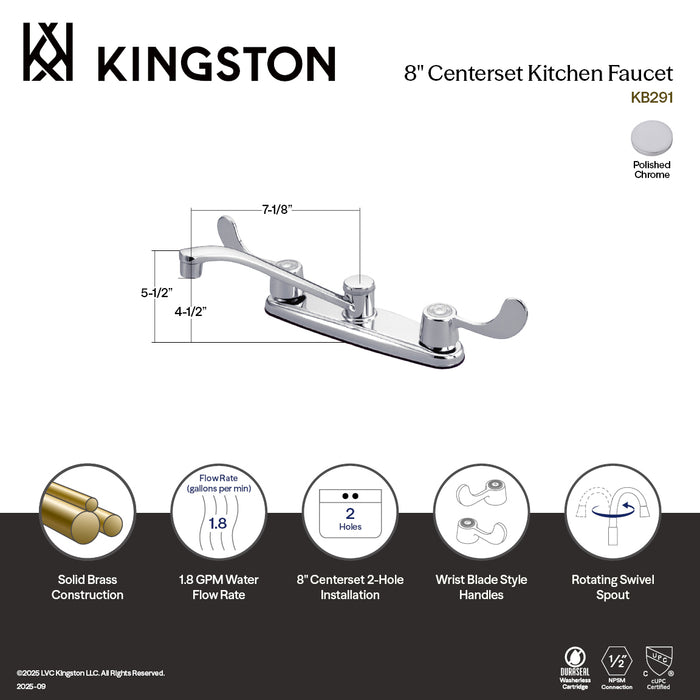Kingston Magellan KB291 Two-Handle 2-Hole 8" Centerset Kitchen Faucet, Polished Chrome