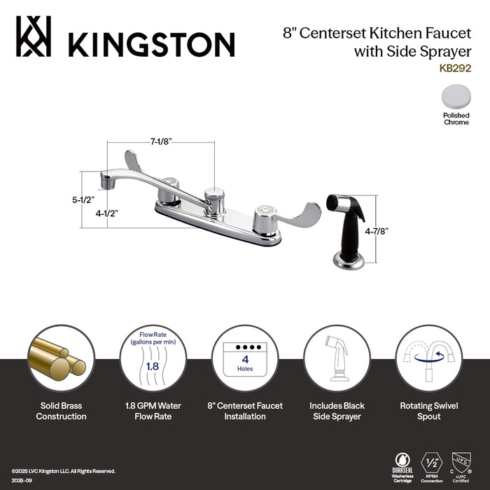 Kingston Tulare KB292 - Magellan Two-Handle 4-Hole 8" Centerset Kitchen Faucet with Side Sprayer, Polished Chrome
