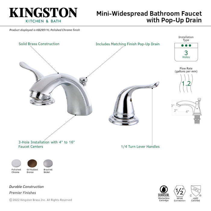 Kingston Tulare KB2958YL - Yosemite Two-Handle 3-Hole Deck Mount Mini-Widespread Bathroom Faucet with Pop-Up Drain, Brushed Nickel