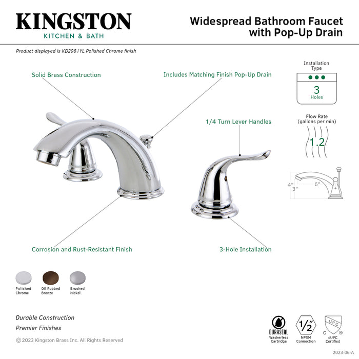 Kingston Tulare KB2968YL - Yosemite Two-Handle 3-Hole Deck Mount Widespread Bathroom Faucet with Pop-Up Drain, Brushed Nickel