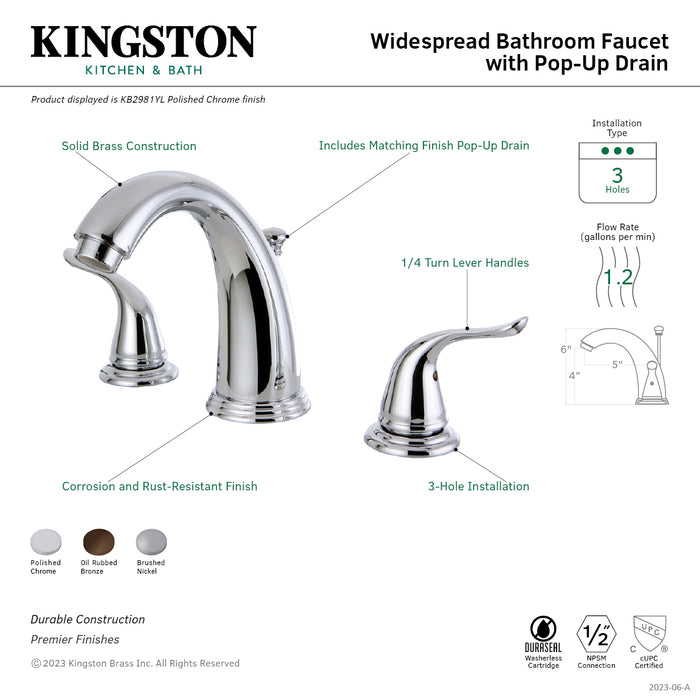 Yosemite KB2988YL Two-Handle 3-Hole Deck Mount Widespread Bathroom Faucet with Plastic Pop-Up, Brushed Nickel