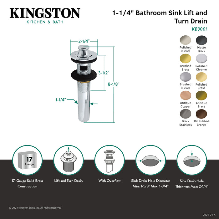 Fauceture KB3002 Brass Lift and Turn Bathroom Sink Drain with Overflow, 17 Gauge, Polished Brass