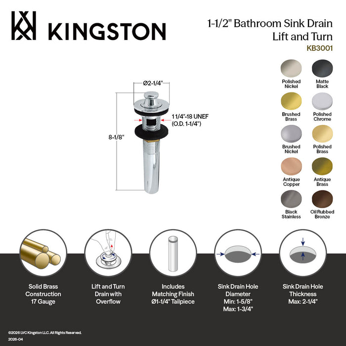 Kingston Heirloom KB300AC - Fauceture Brass Lift and Turn Bathroom Sink Drain with Overflow, 17 Gauge, Antique Copper