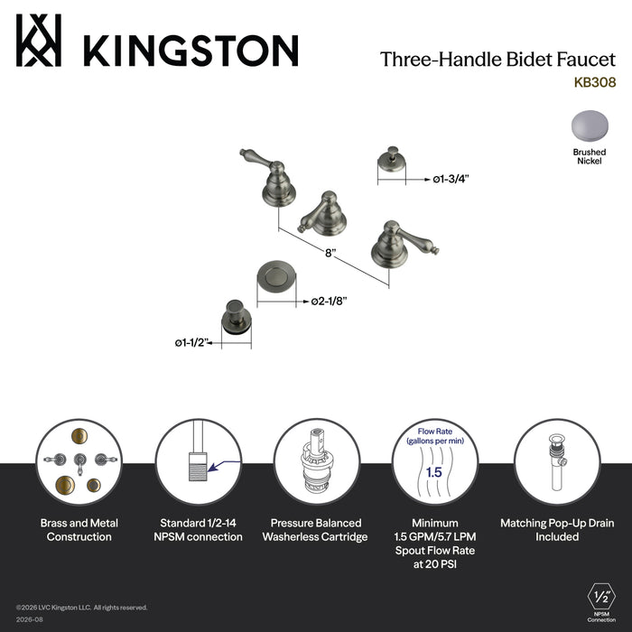 Kingston Heirloom KB308 - Victorian Three-Handle Deck Mount Bidet Faucet with Brass Pop-Up, Brushed Nickel