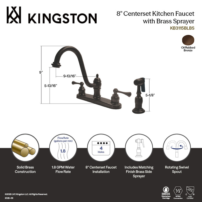 Kingston KB3115BLBS Two-Handle 4-Hole 8" Centerset Kitchen Faucet with Brass Sprayer, Oil Rubbed Bronze