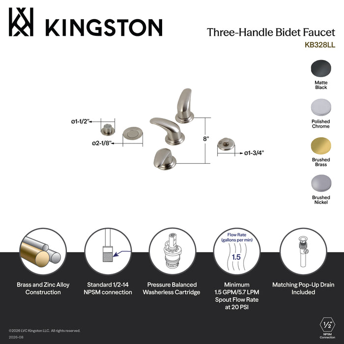 Kingston Tulare KB320LL - Legacy Three-Handle Deck Mount Bidet Faucet with Brass Pop-Up, Matte Black