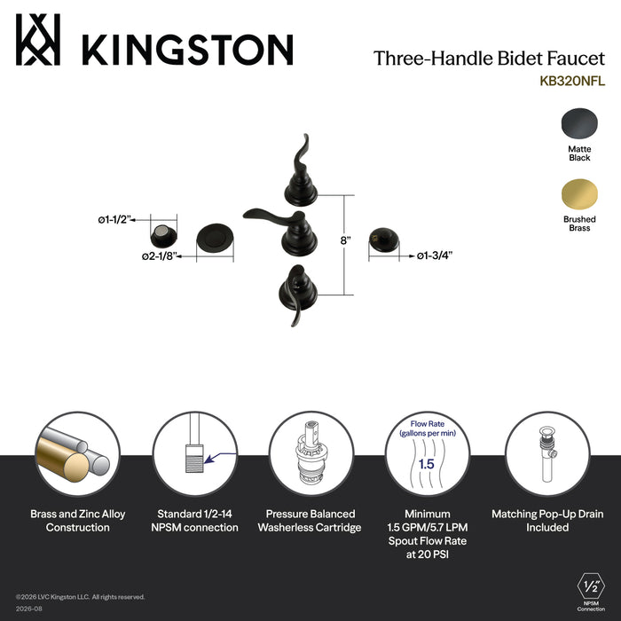 Kingston Tulare KB320NFL - NuWave French Three-Handle Deck Mount Vertical Spray Bidet Faucet with Brass Pop-Up, Matte Black