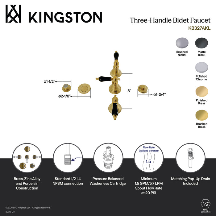 Kingston Heirloom KB321AKL - Duchess Three-Handle Deck Mount Vertical Spray Bidet Faucet with Brass Pop-Up, Polished Chrome