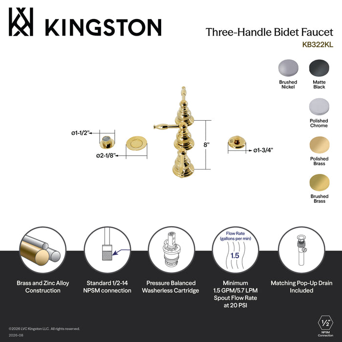 Kingston Heirloom KB321KL - Knight Three-Handle Deck Mount Vertical Spray Bidet Faucet with Brass Pop-Up, Polished Chrome