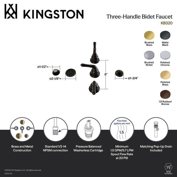 Kingston Tulare KB322 - Magellan Three-Handle Deck Mount Bidet Faucet with Brass Pop-Up, Polished Brass