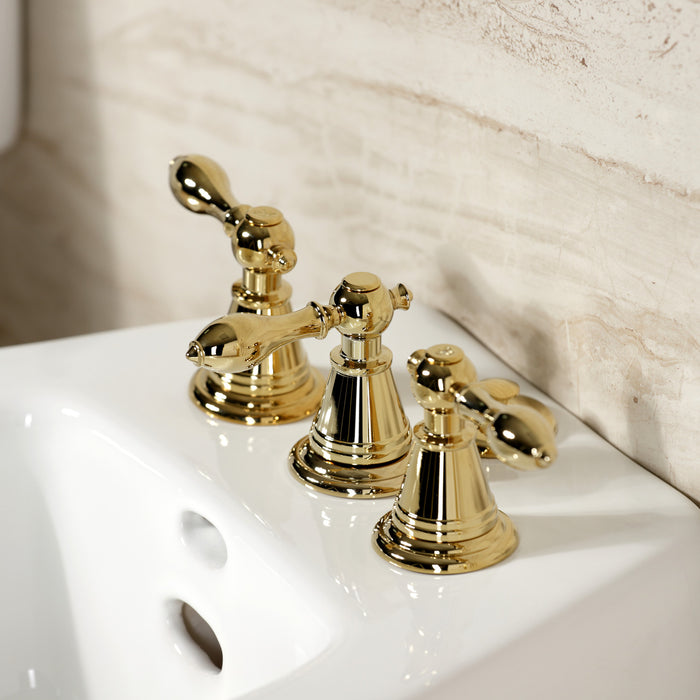 Kingston Heirloom KB322AL - Victorian Three-Handle Deck Mount Vertical Spray Bidet Faucet with Brass Pop-Up, Polished Brass