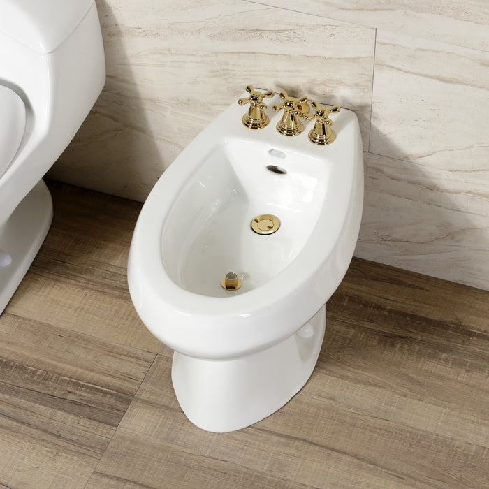 Kingston Heirloom KB322AX - Victorian Three-Handle Deck Mount Vertical Spray Bidet Faucet with Brass Pop-Up, Polished Brass