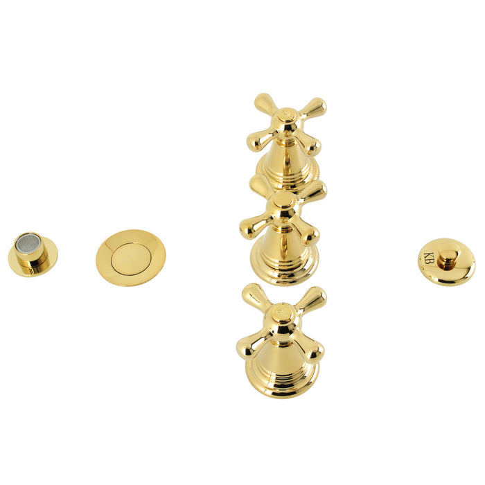 Kingston Heirloom KB322AX - Victorian Three-Handle Deck Mount Vertical Spray Bidet Faucet with Brass Pop-Up, Polished Brass