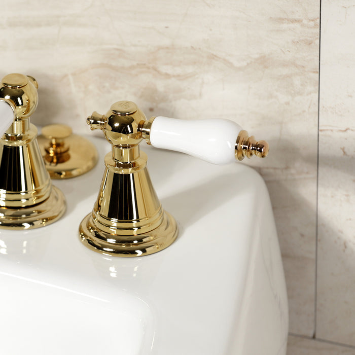 Kingston Heirloom KB322PL - Victorian Three-Handle Deck Mount Vertical Spray Bidet Faucet with Brass Pop-Up, Polished Brass