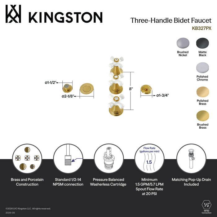 Kingston Heirloom KB322PX - Victorian Three-Handle Deck Mount Vertical Spray Bidet Faucet with Brass Pop-Up, Polished Brass