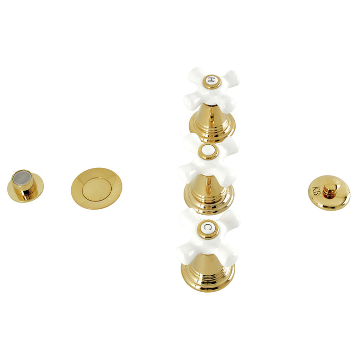 Kingston Heirloom KB322PX - Victorian Three-Handle Deck Mount Vertical Spray Bidet Faucet with Brass Pop-Up, Polished Brass