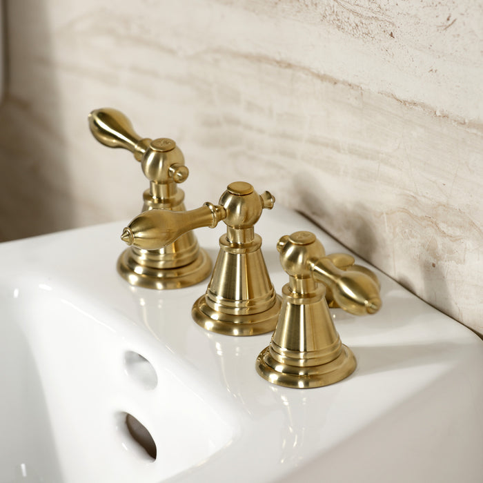 Kingston Heirloom KB327AL - Victorian Three-Handle Deck Mount Vertical Spray Bidet Faucet with Brass Pop-Up, Brushed Brass