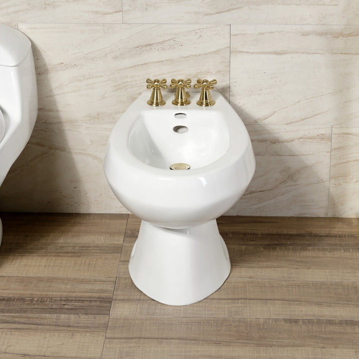 Kingston Heirloom KB327AX - Victorian Three-Handle Deck Mount Vertical Spray Bidet Faucet with Brass Pop-Up, Brushed Brass