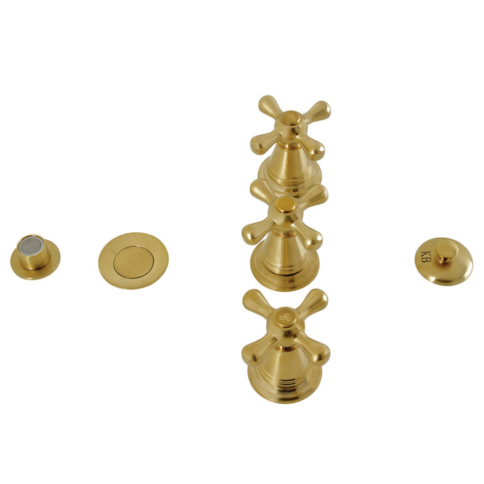 Kingston Heirloom KB327AX - Victorian Three-Handle Deck Mount Vertical Spray Bidet Faucet with Brass Pop-Up, Brushed Brass