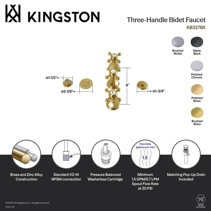 Kingston Heirloom KB327BX - Metropolitan Three-Handle Deck Mount Vertical Spray Bidet Faucet with Brass Pop-Up, Brushed Brass