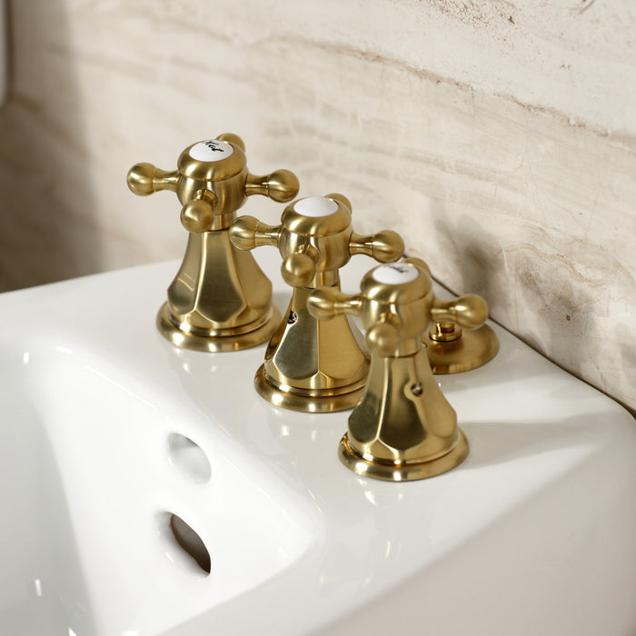 Kingston Heirloom KB327BX - Metropolitan Three-Handle Deck Mount Vertical Spray Bidet Faucet with Brass Pop-Up, Brushed Brass