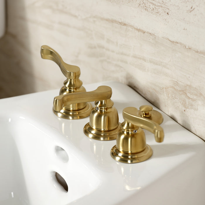 Kingston Tulare KB327FL - Royale Three-Handle Deck Mount Vertical Spray Bidet Faucet with Brass Pop-Up, Brushed Brass