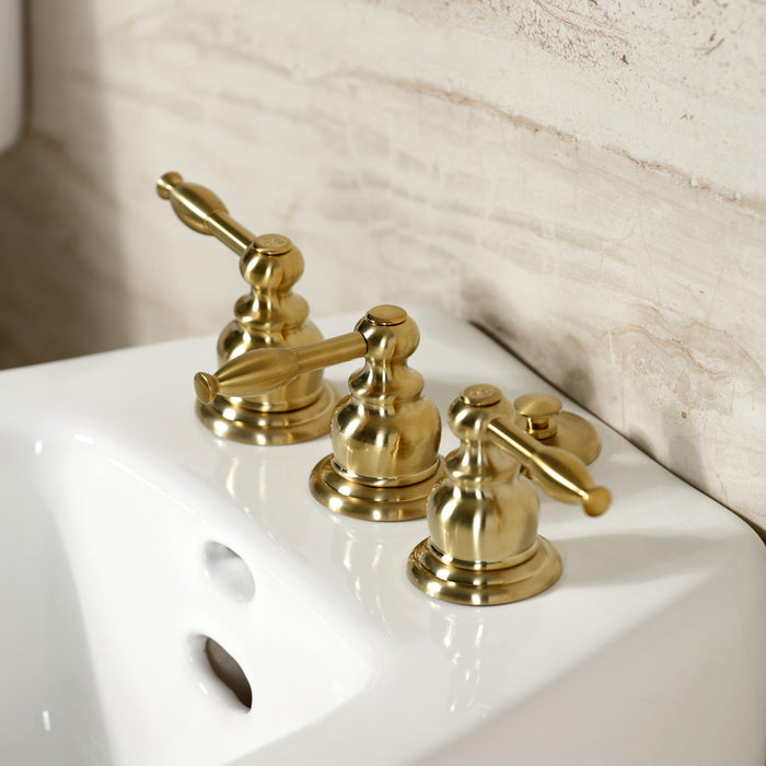 Kingston Heirloom KB327KL - Knight Three-Handle Deck Mount Vertical Spray Bidet Faucet with Brass Pop-Up, Brushed Brass