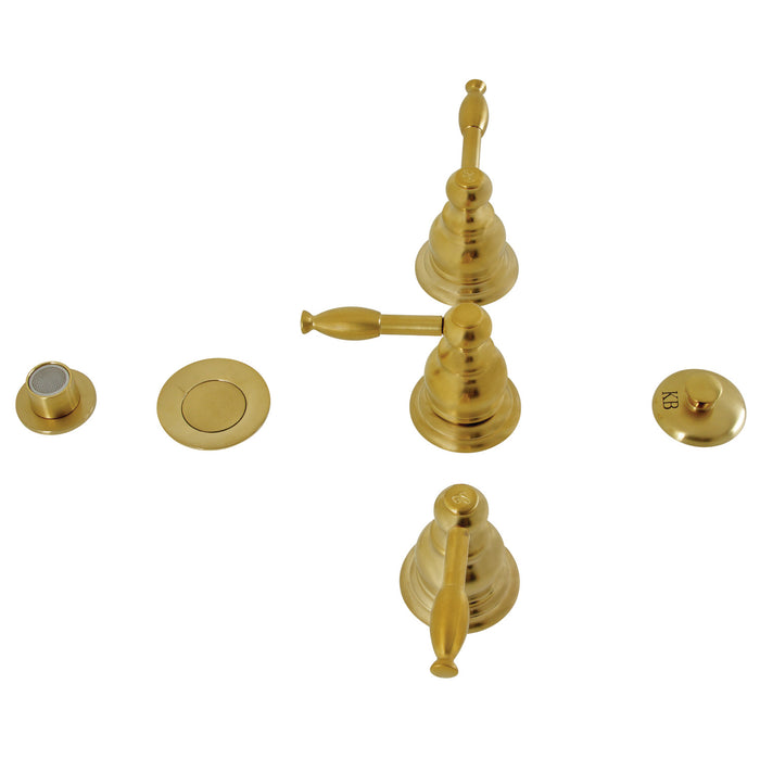 Kingston Heirloom KB327KL - Knight Three-Handle Deck Mount Vertical Spray Bidet Faucet with Brass Pop-Up, Brushed Brass