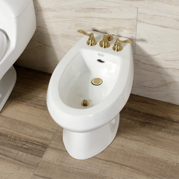 NuWave French KB327NFL Three-Handle Deck Mount Vertical Spray Bidet Faucet with Brass Pop-Up, Brushed Brass