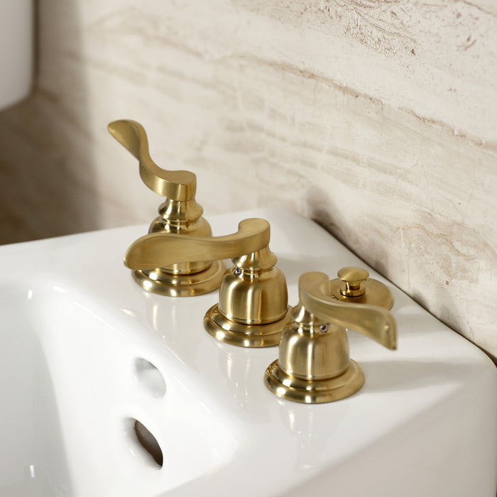 NuWave French KB327NFL Three-Handle Deck Mount Vertical Spray Bidet Faucet with Brass Pop-Up, Brushed Brass