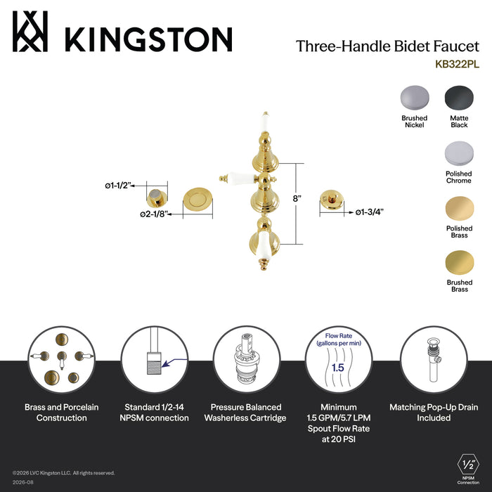 Kingston Heirloom KB327PL - Victorian Three-Handle Deck Mount Vertical Spray Bidet Faucet with Brass Pop-Up, Brushed Brass