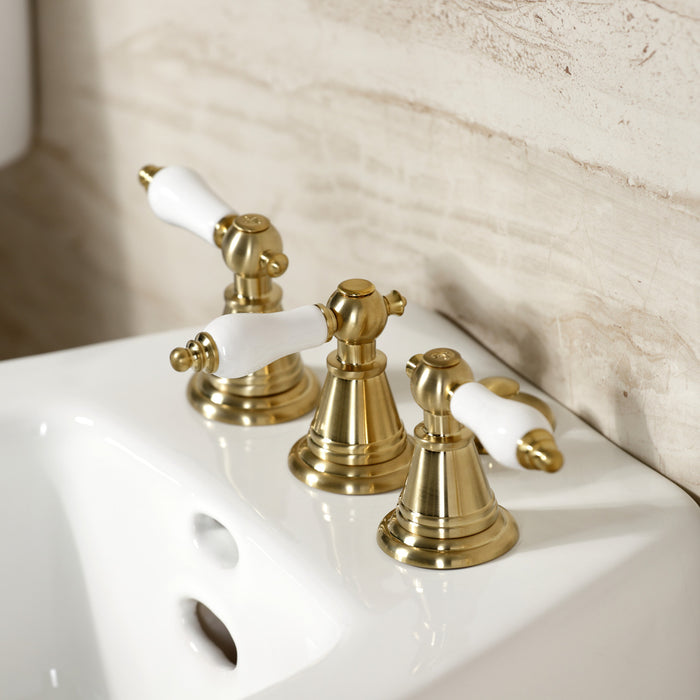 Kingston Heirloom KB327PL - Victorian Three-Handle Deck Mount Vertical Spray Bidet Faucet with Brass Pop-Up, Brushed Brass