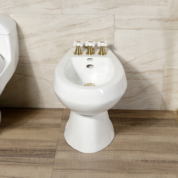 Kingston Heirloom KB327PX - Victorian Three-Handle Deck Mount Vertical Spray Bidet Faucet with Brass Pop-Up, Brushed Brass
