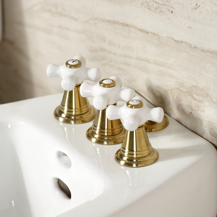 Kingston Heirloom KB327PX - Victorian Three-Handle Deck Mount Vertical Spray Bidet Faucet with Brass Pop-Up, Brushed Brass