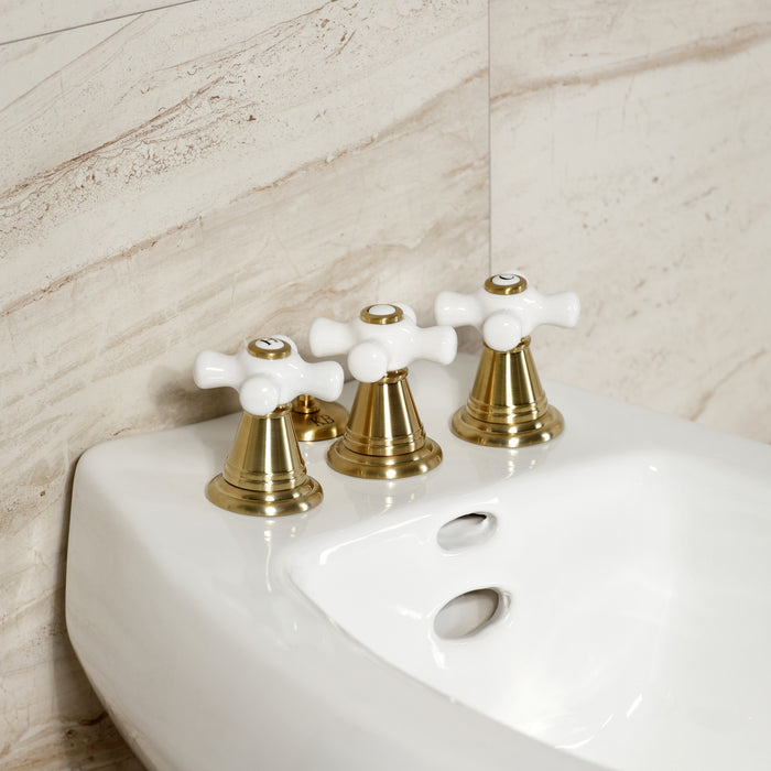 Kingston Heirloom KB327PX - Victorian Three-Handle Deck Mount Vertical Spray Bidet Faucet with Brass Pop-Up, Brushed Brass