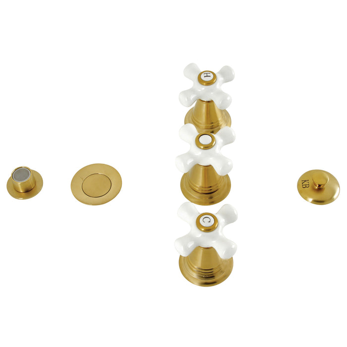 Kingston Heirloom KB327PX - Victorian Three-Handle Deck Mount Vertical Spray Bidet Faucet with Brass Pop-Up, Brushed Brass