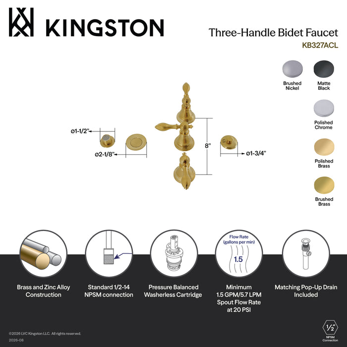 Kingston Heirloom KB328ACL - American Classic Three-Handle Deck Mount Vertical Spray Bidet Faucet with Brass Pop-Up, Brushed Nickel