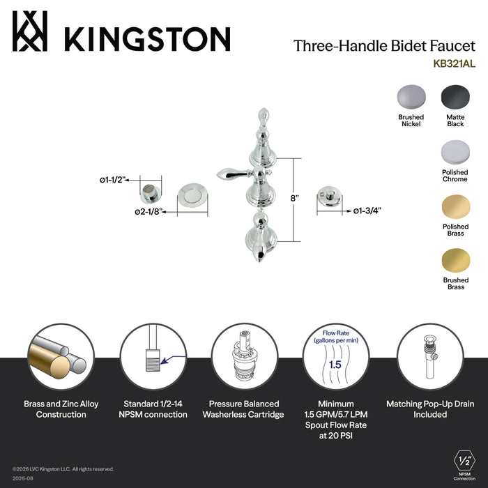 Kingston Heirloom KB328AL - Victorian Three-Handle Deck Mount Vertical Spray Bidet Faucet with Brass Pop-Up, Brushed Nickel