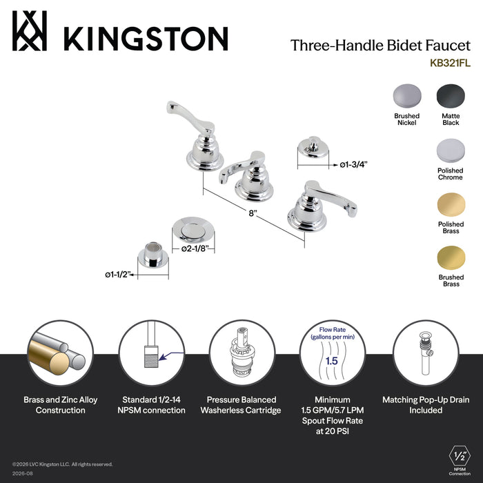Kingston Tulare KB328FL - Royale Three-Handle Deck Mount Vertical Spray Bidet Faucet with Brass Pop-Up, Brushed Nickel