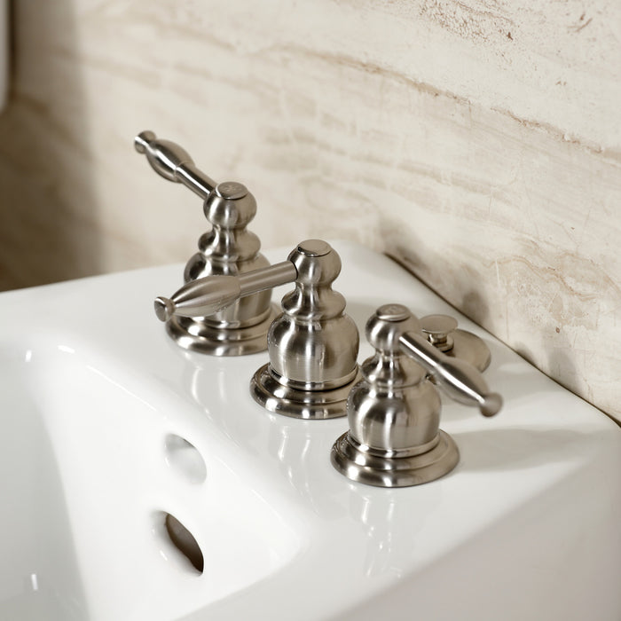 Kingston Heirloom KB328KL - Knight Three-Handle Deck Mount Vertical Spray Bidet Faucet with Brass Pop-Up, Brushed Nickel