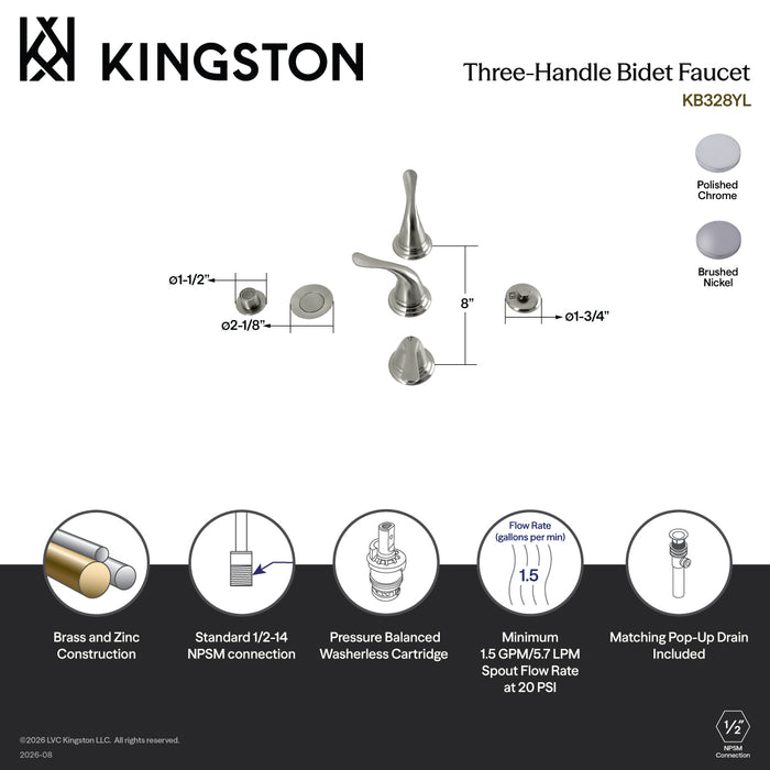 Kingston Tulare KB328YL - Royale Three-Handle Deck Mount Vertical Spray Bidet Faucet with Brass Pop-Up, Brushed Nickel