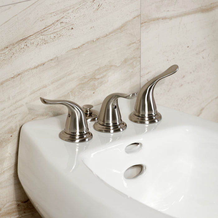 Kingston Tulare KB328YL - Royale Three-Handle Deck Mount Vertical Spray Bidet Faucet with Brass Pop-Up, Brushed Nickel
