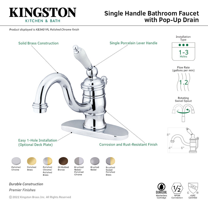 Victorian KB3401PL One-Handle 1-Hole Bathroom Faucet with Deck Plate and Pop-Up Drain, Polished Chrome