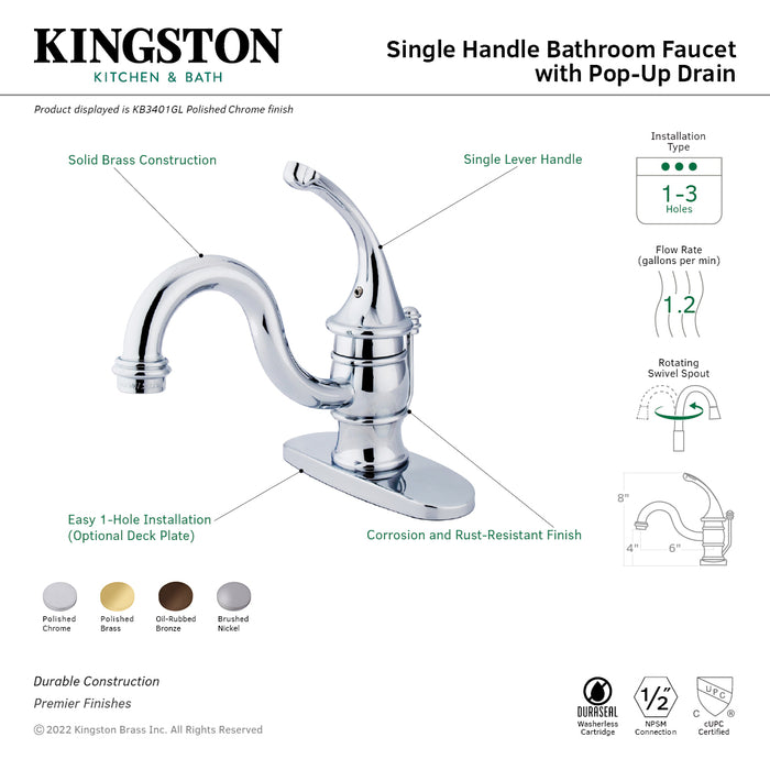 Kingston Heirloom KB3402GL - Georgian One-Handle 1-Hole Bathroom Faucet with Deck Plate and Pop-Up Drain, Polished Brass
