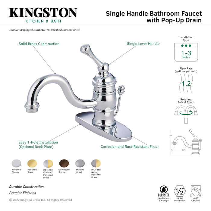 Kingston Heirloom KB3408BL - Victorian One-Handle 1-Hole Bathroom Faucet with Deck Plate and Pop-Up Drain, Brushed Nickel