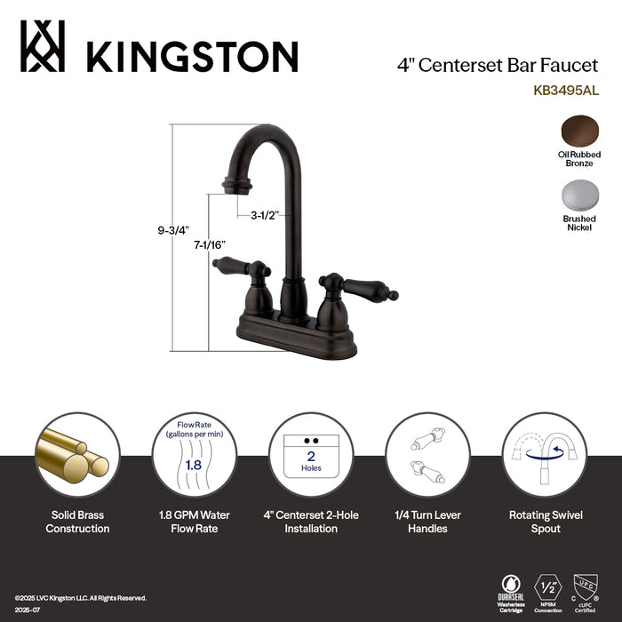 Kingston Tulare KB3498AL - Restoration Two-Handle 2-Hole Deck Mount Bar Faucet, Brushed Nickel