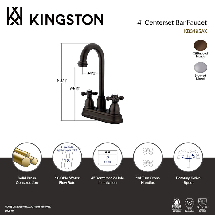 Kingston Tulare KB3498AX - Restoration Two-Handle 2-Hole Deck Mount Bar Faucet, Brushed Nickel