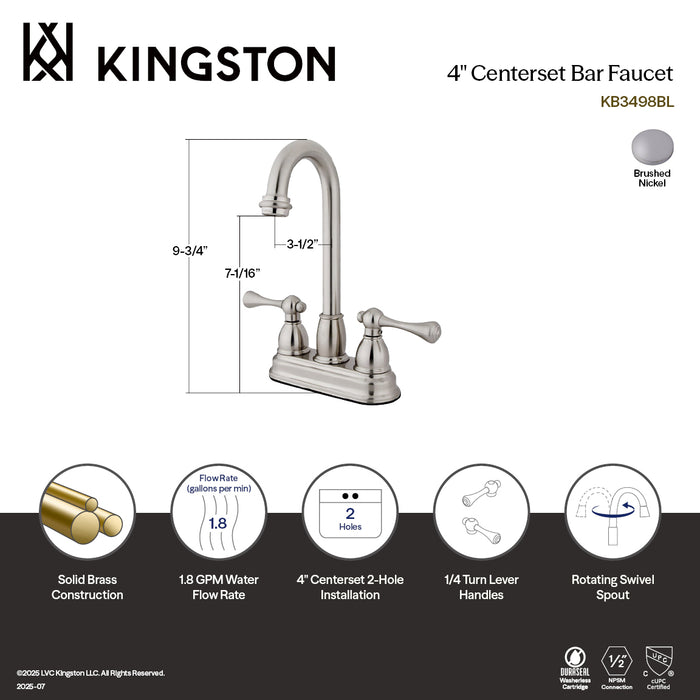 Kingston Tulare KB3498BL - Vintage Two-Handle 2-Hole Deck Mount Bar Faucet, Brushed Nickel