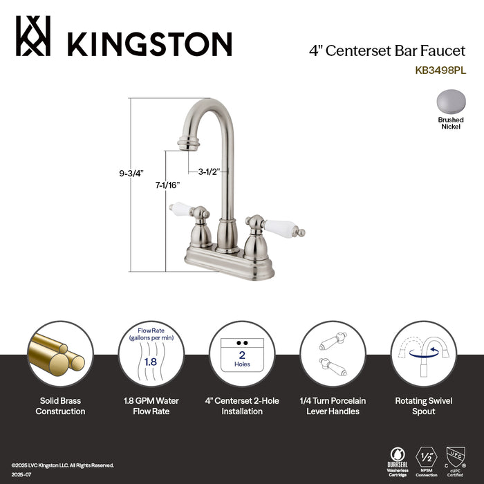 Kingston Tulare KB3498PL - Restoration Two-Handle 2-Hole Deck Mount Bar Faucet, Brushed Nickel